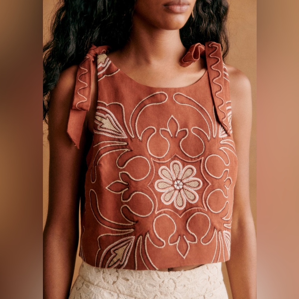 Sezane Fergus Embroidered Terracotta Tie-Shoulder Blouse
